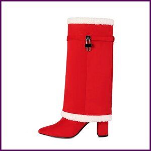 Fold Over Mid Calf Boots with Chunky Heel and Fur Collar - Size Available